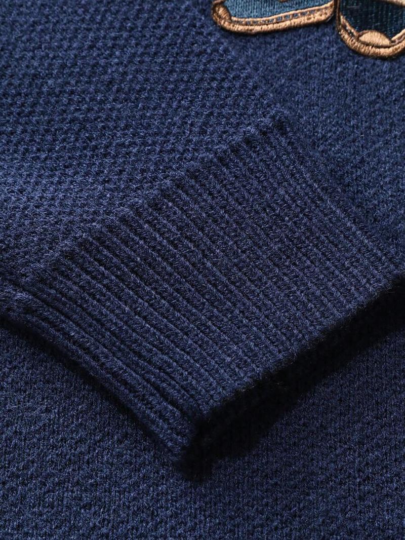 Unisex Fall Winter New Cartoon Bear Embroidered Round Neck Knit Pullover, Casual Comfy Pullover, Casual Comfortable College Style Sweater, Elegant Fashion Top