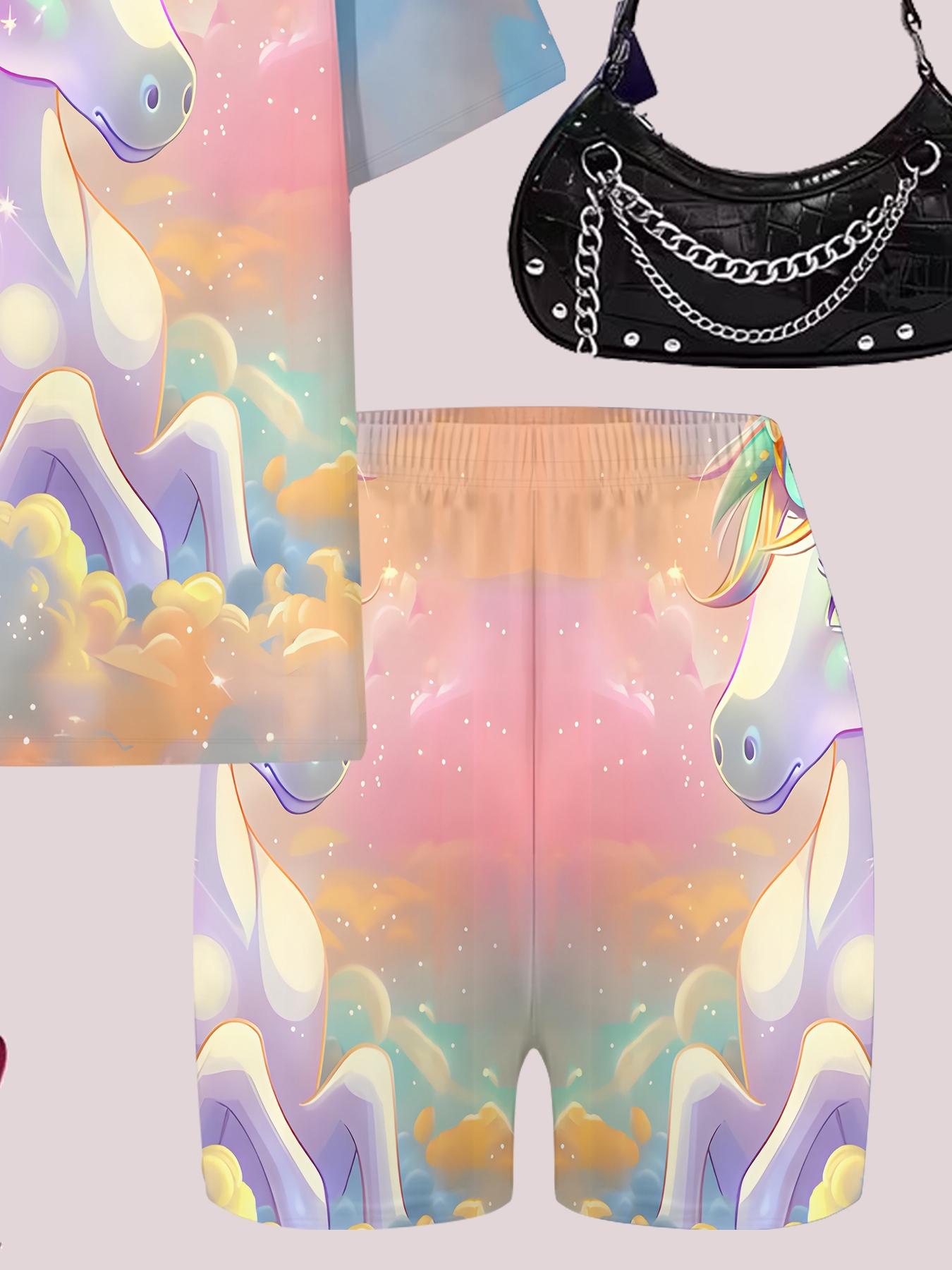 Girls Summer Cloud Rainbow Unicorn Set, Kids Dreamy Galaxy Short Sleeve & Shorts Two-Piece Outfit