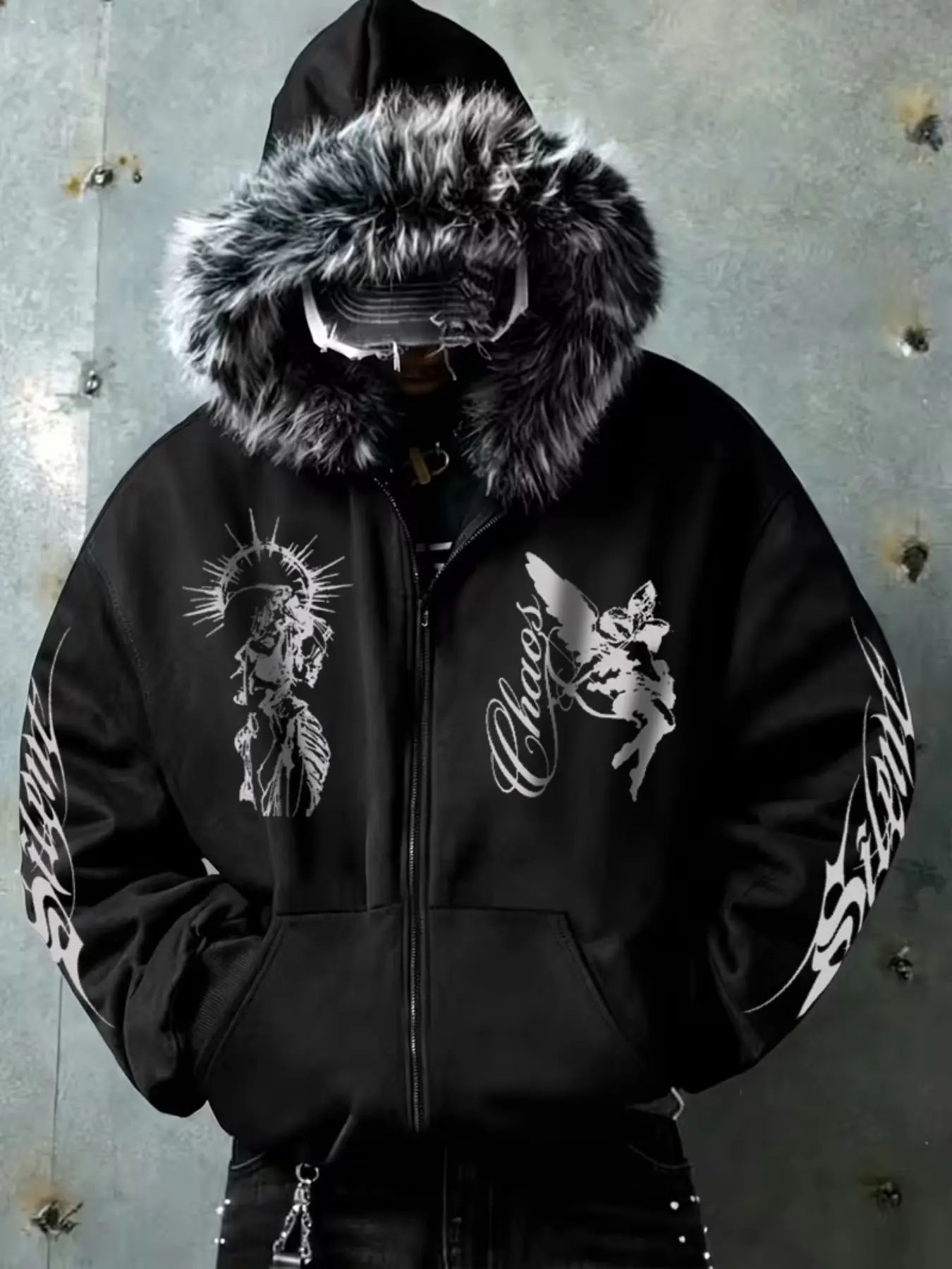 Gothic Fur Collar Hooded Zipper Jacket, Angel Statue Print Thick Loose Street Style Outerwear, Men's High-End Open Front Coat, Long Sleeve