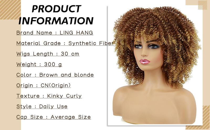 Xinran Blonde Curly Afro Wigs for Black Women, Blonde Kinky Curly Wig With Bangs, Synthetic Heat Resistant Fiber Afro Blonde Curly Wig for Daily Use