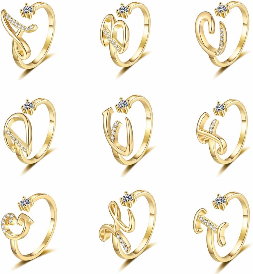 Adjustable 14K Gold Plated Initial Letter Rings for Women - Letters A-Z
