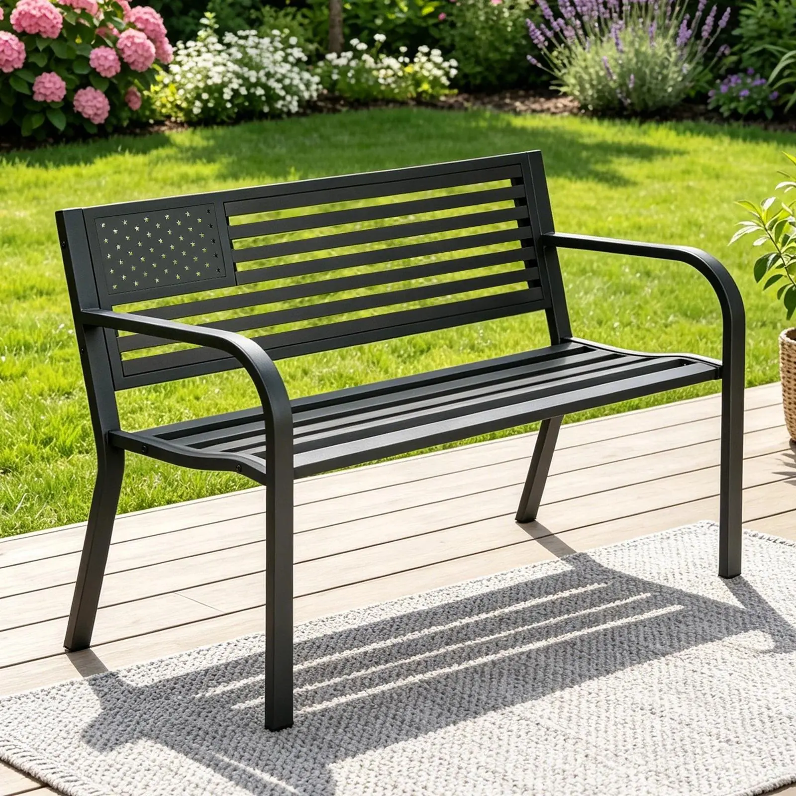 FurniEdge 2-Seat Outdoor Bench, American Black Flag Backrest, Sturdy Cast Iron & Steel Frame, All-Weather Seating for Garden, Patio, Porch, 2 Seats