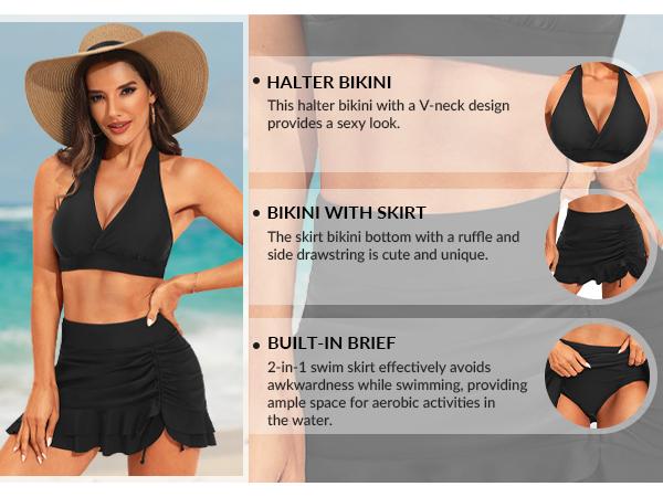 Yonique Womens High Waisted Bikini with Skirt Two Piece Swimsuit with Tummy Control Halter Bathing Suit V Neck Bikini Top with Built-in Bottom Bikini Skirt Full Coverage Bikini Yonique Womens High Waisted Bikini with Skirt Two Piece Swimsuit with Tummy Control Halter Bathing Suit V Neck Bikini Top with Built-in Bottom Bikini Skirt Full Coverage Bikini