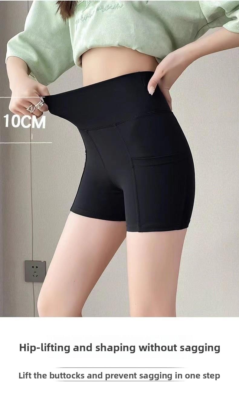 New pocket sharkskin leggings for women, anti-exposure, three-quarter length, high-waisted safety pants, tummy control, slimming yoga shorts