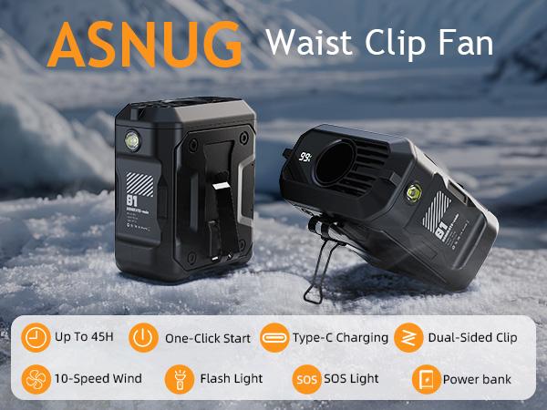 FrSara Waist Fan, 14500mAh PowerBank & 45H Runtime, Portable Rechargeable Fan, 10-Speed ​​Personal Fan w/Lanyard, Flash Light, LED Display, Clip on Wearable Belt for Jogging Hiking Jobsite Warehouse Outdoor Work Golf