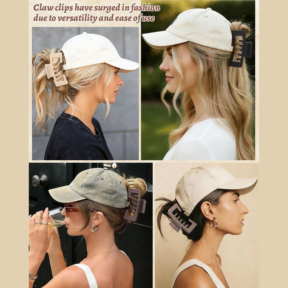 4-Pack Hat-Friendly Hair Claw Clips For Women, Strong Hold Comfort Styling Clamps For Thick Hair, Works With Baseball Caps & Trucker Hat Hairstyles, Trendy Hair Accessory For Daily Styling And Gift Giving