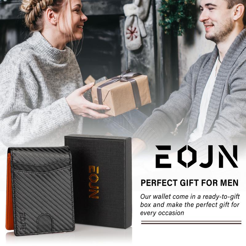 EOJN Slim Mens Wallet Front Pocket with 11 Slots Minimalist RFID Blocking Credit Card Holder Carbon Fiber Money Clip in Gift Box