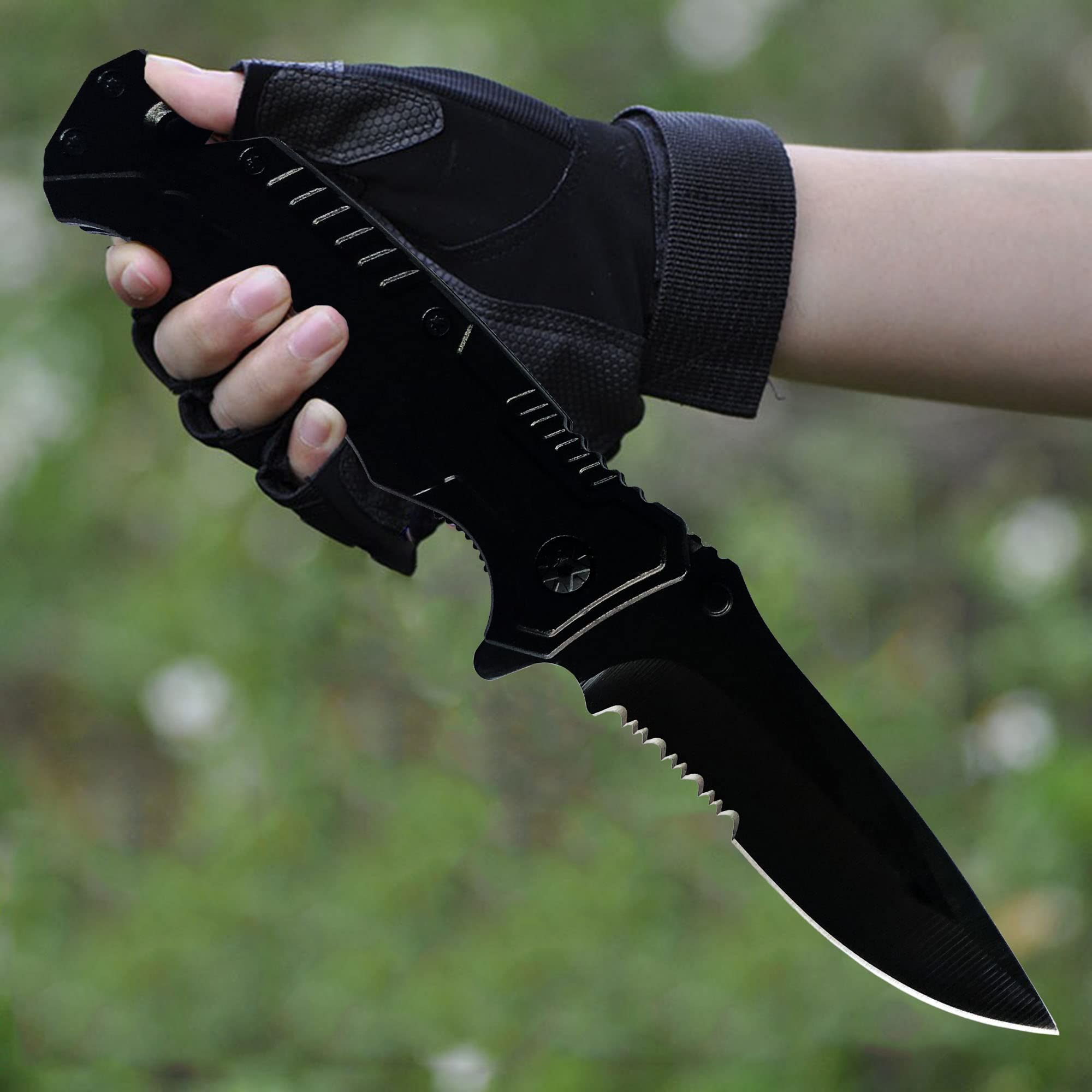 Car Safety Tactical Pocket Knife for Men EDC Tool - Serrated Sharp 3.5" Blade - Spring Assisted Folding Knives - Hunting Camping with Wire Cutter Glass Breaker - Best Gift Idea for Men Women HB 207 Survival Tools Survival Gear knife pocket self defense