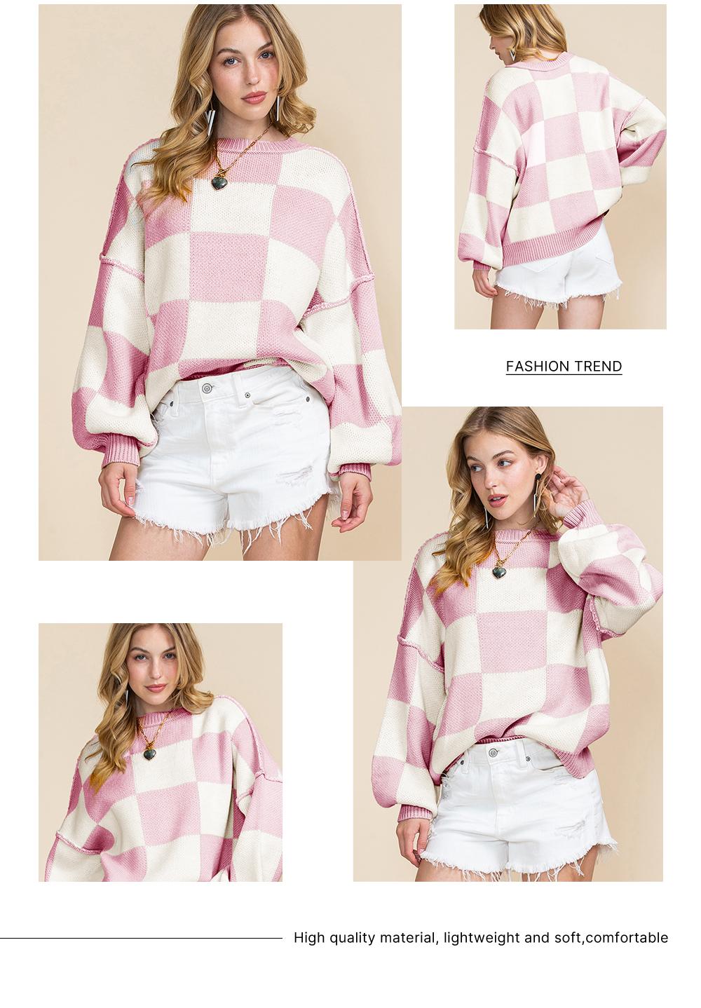 Asvivid Fall Clothes For Women Plaid Checkered Print Sweaters Drop Shoulder Bishop Long Sleeve Sweater Pullover Tops Fashion Winter Outfits