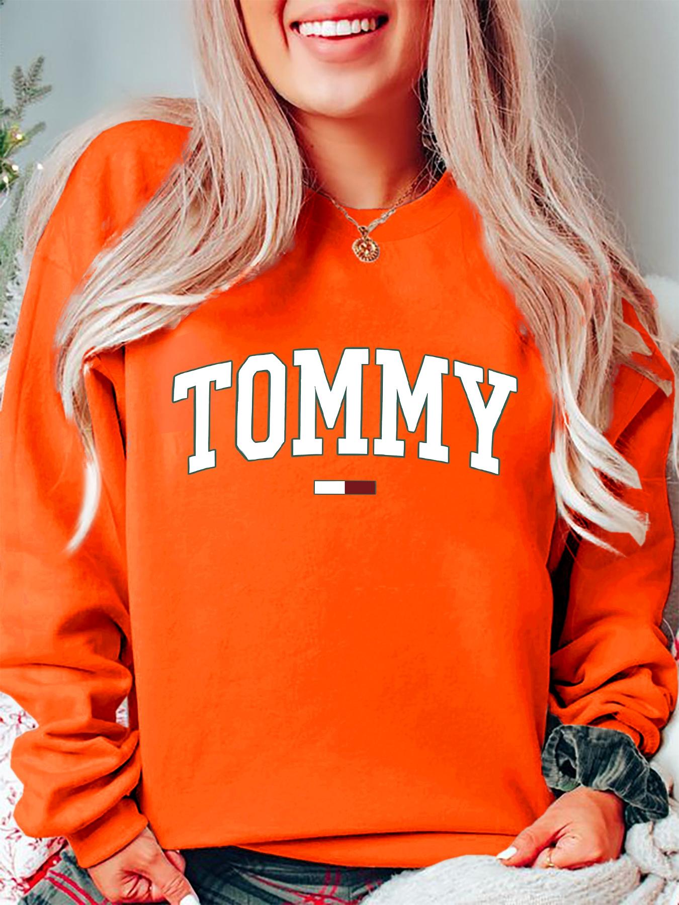 Tommy Pattern Print Long Sleeve Casual Loose Fit Pullover Sweater for Women, Fall & Winter Round Neck Fitted Style