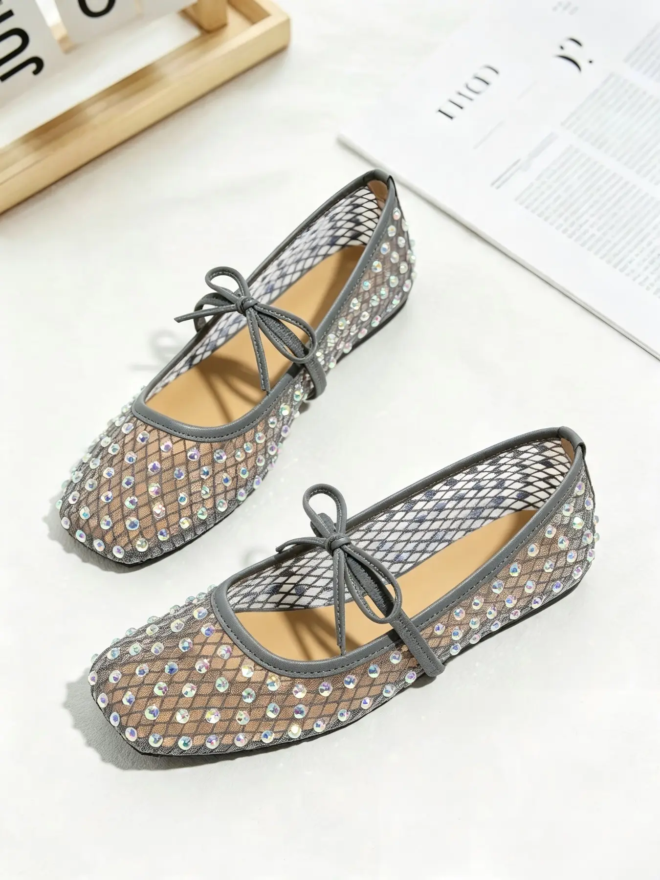 Women Breathable Mesh Rhinestone Non‑Slip Ballet Flats, Summer Wedding Guest Club Party Evening Footwear, Square Toe Bow Strap Decor Mary Jane Shoes, Large‑Size Friendly Sparkly Balletcore Slip‑On Flat Shoes
