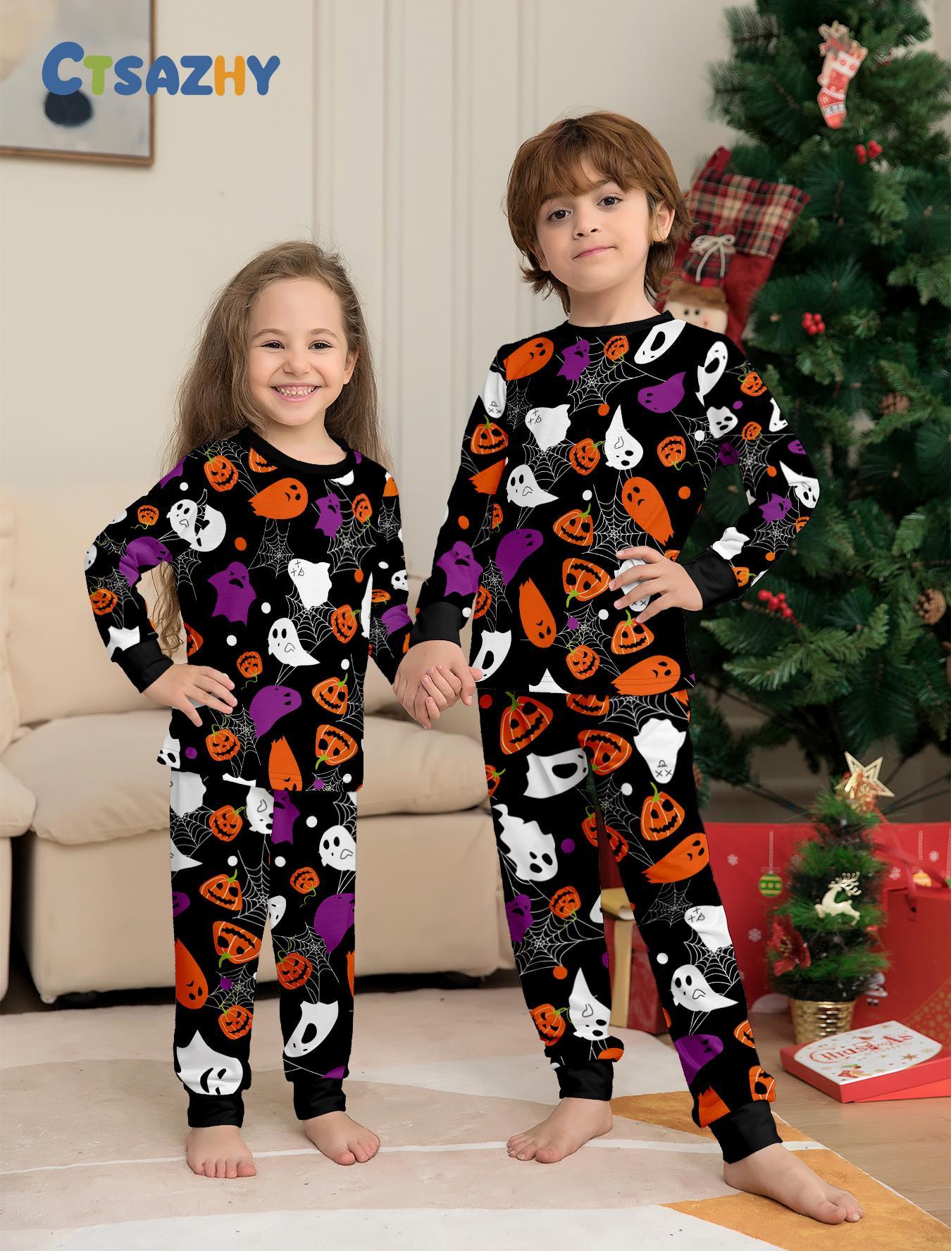 Halloween Pumpkin Ghost Family Pajamas, Fun Print, Party Home Photos, All Sizes Available, Slim-Fitting Casual Pajama Set