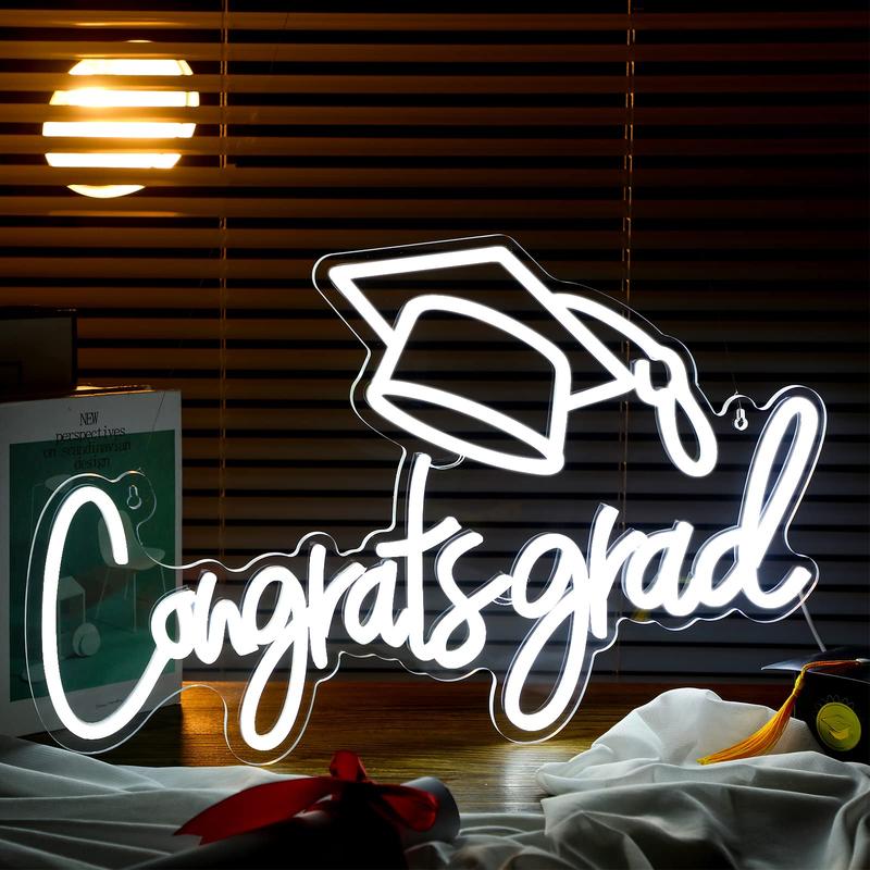 Congrats Grad LED Neon Sign, Graduation Party Decor, Warm White Grad Light Up Letters, Adjustable Congrats Graduation Sign,  LED Light Sign Dorm Room Backdrop, Celebration Gift for Class Congrats Grad(White,Congrats Grad Neon Light)