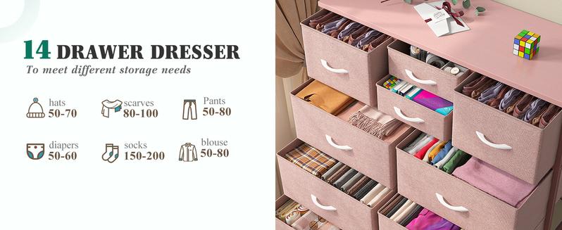 Raybee Furniture Tall Dresser, with 14 Storage Drawers, Large Fabric Dresser with Wood Top and Metal Frame for Closets, Living Room, Entryway