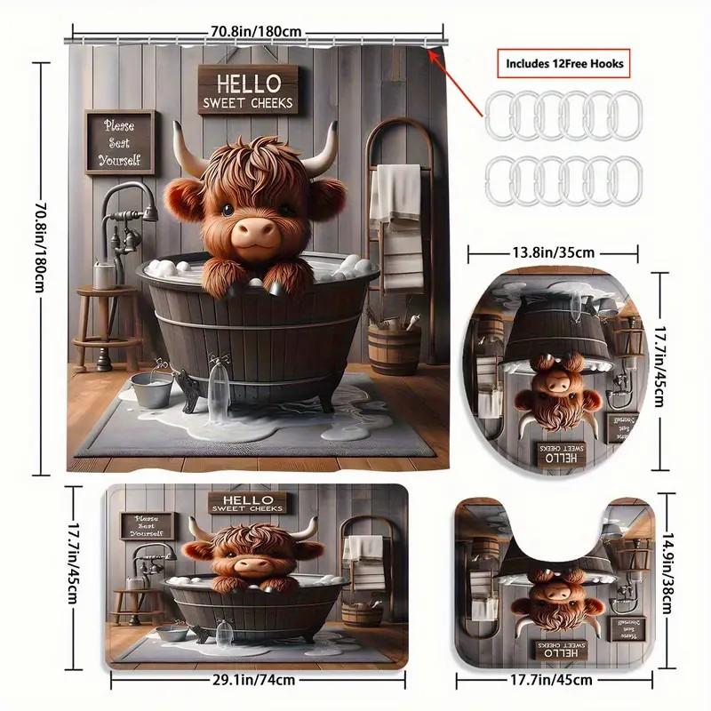 1/4pcs Happy Highland Cow Calf Bathing Design Bathroom Shower Curtain and Mat Set, includes 12 hooks, non-slip bathroom mat, non-slip toilet U-shaped mat, toilet seat cover, bathroom partition, Shower Curtain Sets, modern home decor.