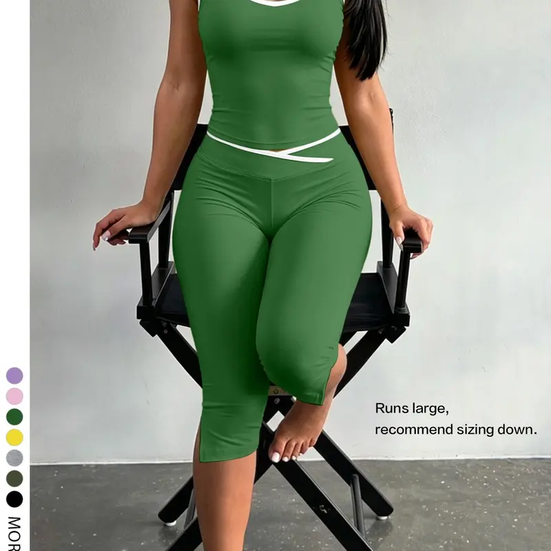 Lw Home Women's Slim-Fit Tank Top and Capri Set, Casual Lightweight Summer Home Wear, Split Hem Design, Comfortable and Stylish, Solid Loungewear Set
