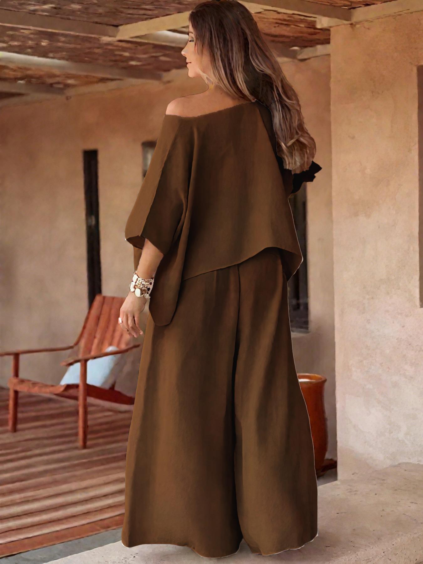 Women's High-Waisted Wide-Leg Pants, Casual Beach Pants, Loose-Fit Elastic Waist Long Trousers, Fashionable All-Season Woven Fabric Casual Wear