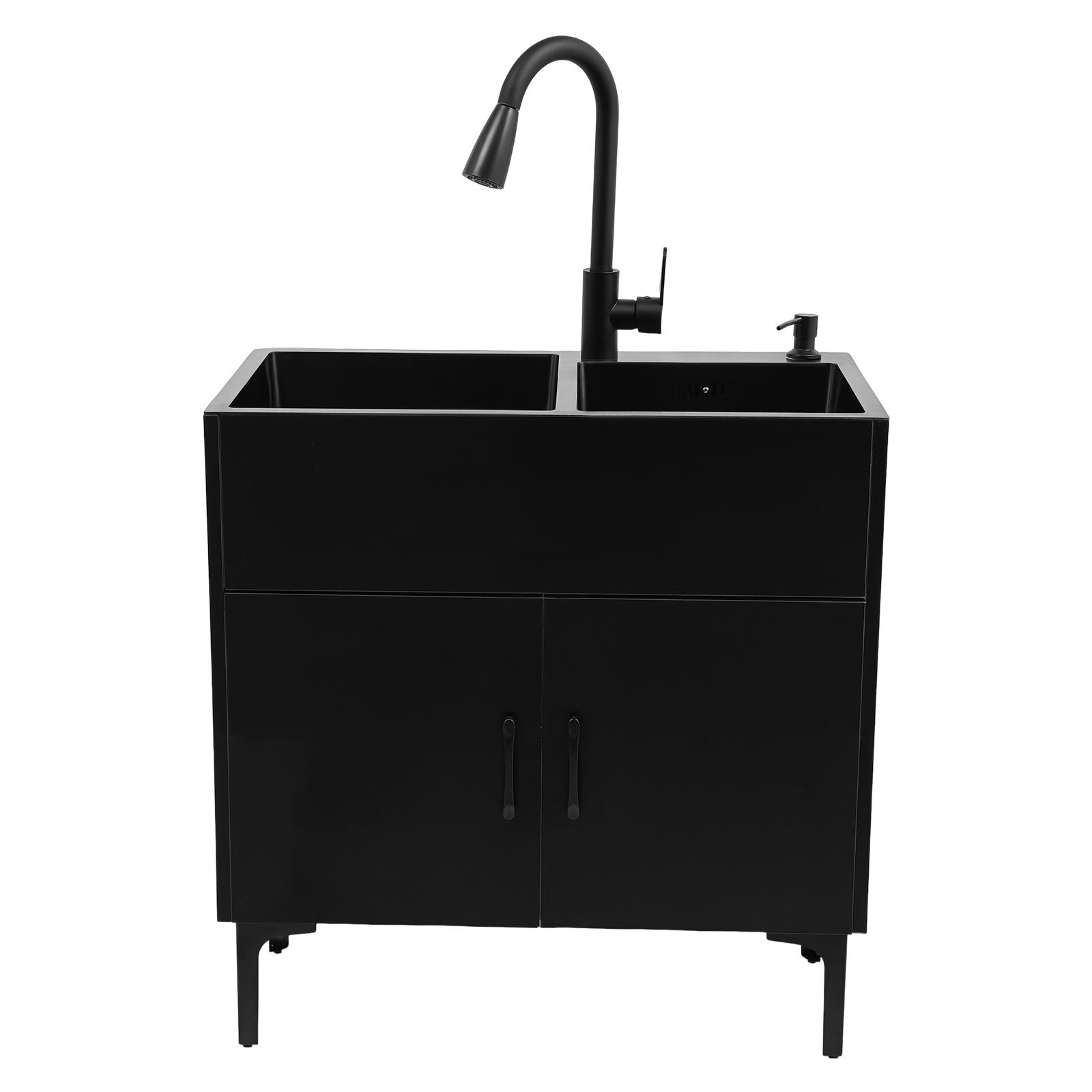 Laundry Utility Sink with Cabinet & Pull-Down Faucet Freestanding Stainless Steel Utility Sinks with 2 Doors Deluxe Bouble Kitchen Sink Wash Station Tub for Laundry & Kitchen, Bathroom(Black)