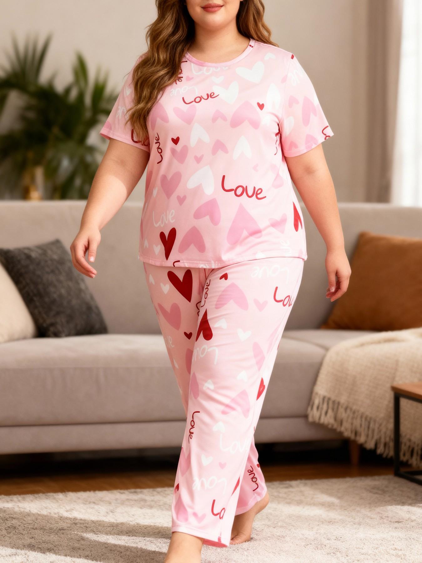 Women's Plus Size 2-Piece Pajama Set Loungewear, Loose-Fitting Short Sleeve Long Pants, All over Print, Casual Home Wear, All Seasons
