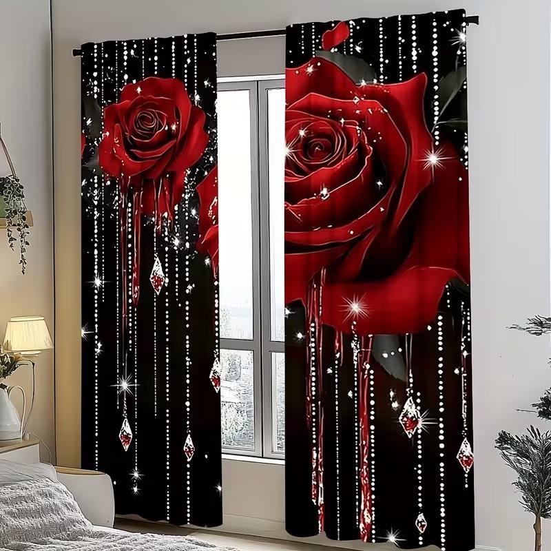 2-Piece Pearl Rose Print Window Curtain Set, Durable Semi-Transparent Polyester Fabric, Washable, Ideal for Bedroom/living Room/library