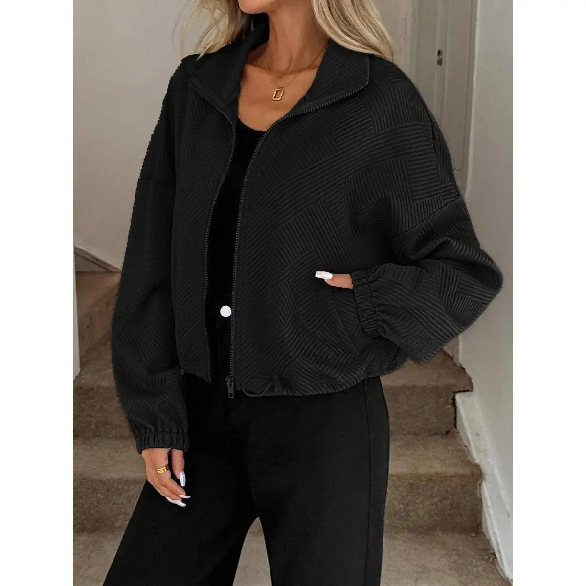 Women Bomber Jacket Stand Collar Long Sleeve Baseball Jacket Zipper Varsity Jacket Cropped High Neck Casual Jacket Olive Green