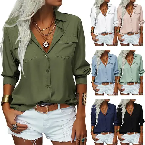 Imily Bela Women's Basic Solid Lapel Long-Sleeve Button-Front Casual Blouse - Breathable Roll-Up Tops, Stylish Wear, Business Casual Outfits, First Day of School Attire, Tops For Women