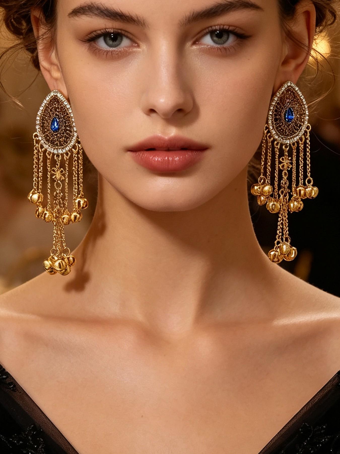 Vintage Teardrop Bell Fringe Earrings, Indian Ethnic Style Antique Long Dangle Earrings, Fashion Dangle Earrings, Travel Photography Accessories