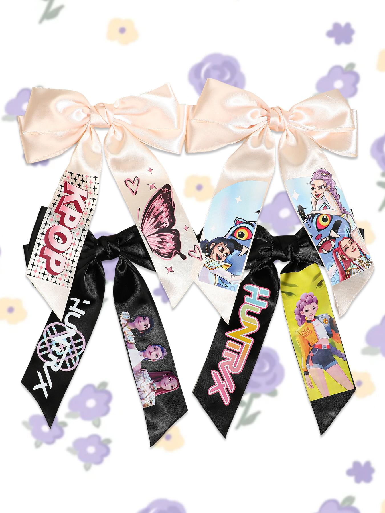 4pcs/1pcLarge Kpop Hair Bow with Girl Band Printed Ribbons | Comfortable Secure Clip | Versatile Design Hair Clip Set
