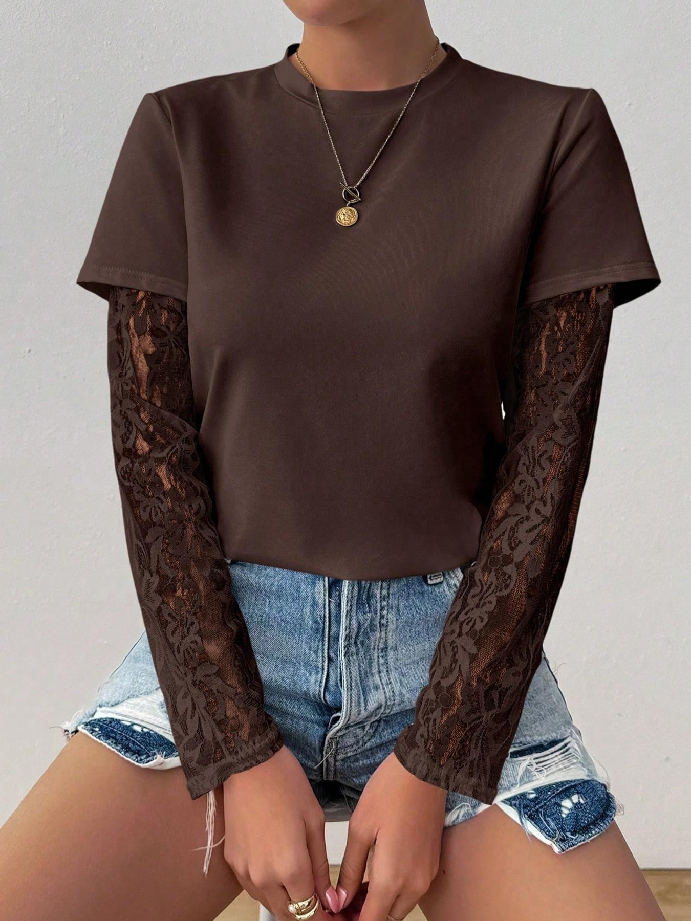 Women's See-Through Lace Sleeve Solid Color Round Neck Long Sleeve Fitted Casual T-Shirt Spring Fall Cloth For Women