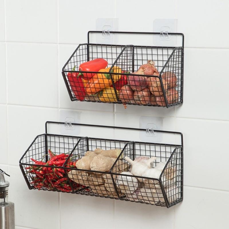 Wall Mounted Ginger Garlic Storage Rack, 1 Count Multi-grid Kitchen Metal Wire Storage Basket, Kitchen Food Storage Organizer, Home Organizer