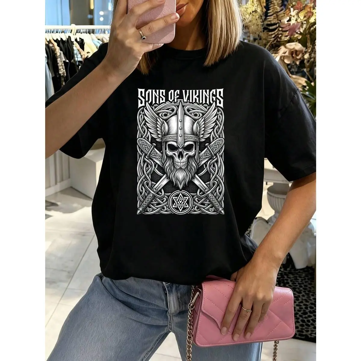 Women's Vintage Graphic T-Shirt - Sons Of Vikings Skull And Cross Swords Print, Cotton Short-Sleeve, Round Neck, Casual Summer Streetwear, Casual Outfits Women, Machine Washable, Short Sleeve Tops