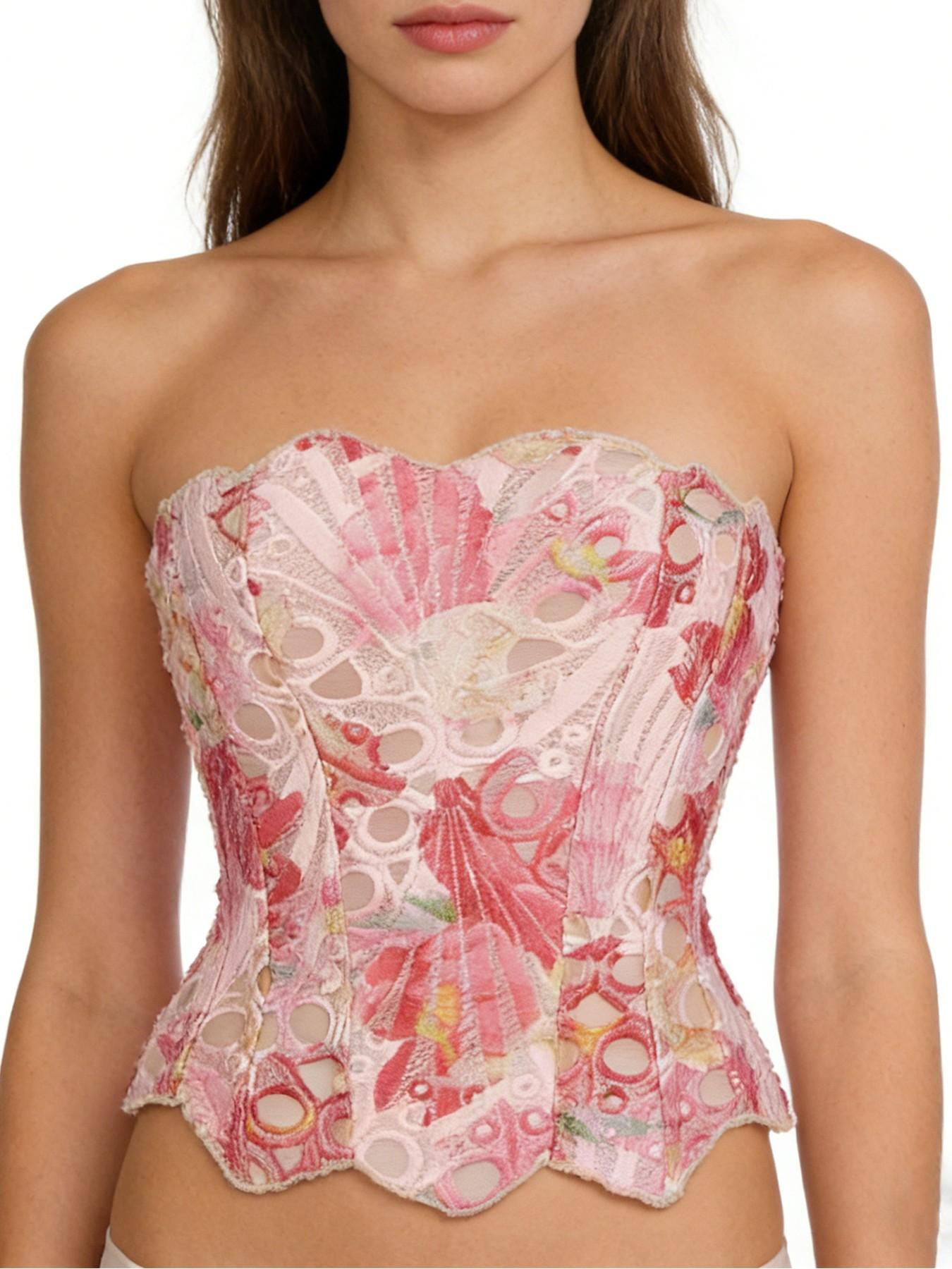 TikTok Viral Pink Mermaid Core Corset, Scalloped Edge Lace Eyelet Hollow Out Boned Bustier Underwear for Bachelorette Music Festival Women