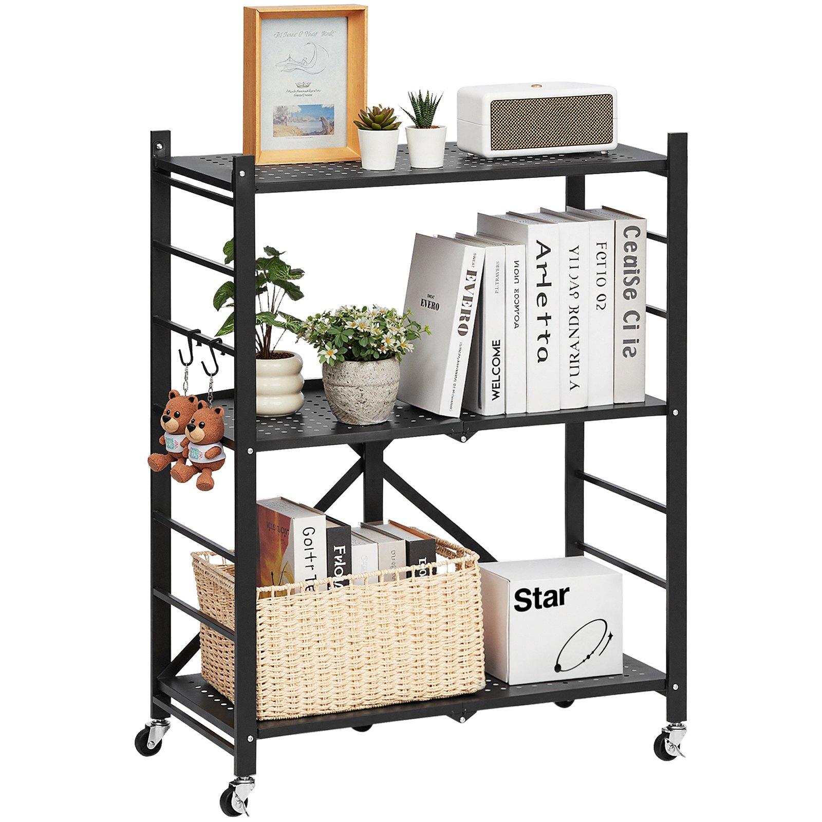 VEVOR 3-Tier Foldable Carbon Steel Storage Shelves, 13x28x36" Folding Metal Rack Unit, No-Assembly Organizer with 5 Wheels & 4 Hooks for Kitchen, Garage, Black