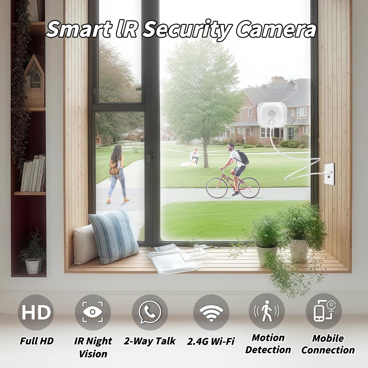 2.4GHz WiFi HD Window Camera, Ai Motion Detection, Full Color Night Vision, Two-Way Audio, 24/7 Recording, Cloud/SD Card Storage