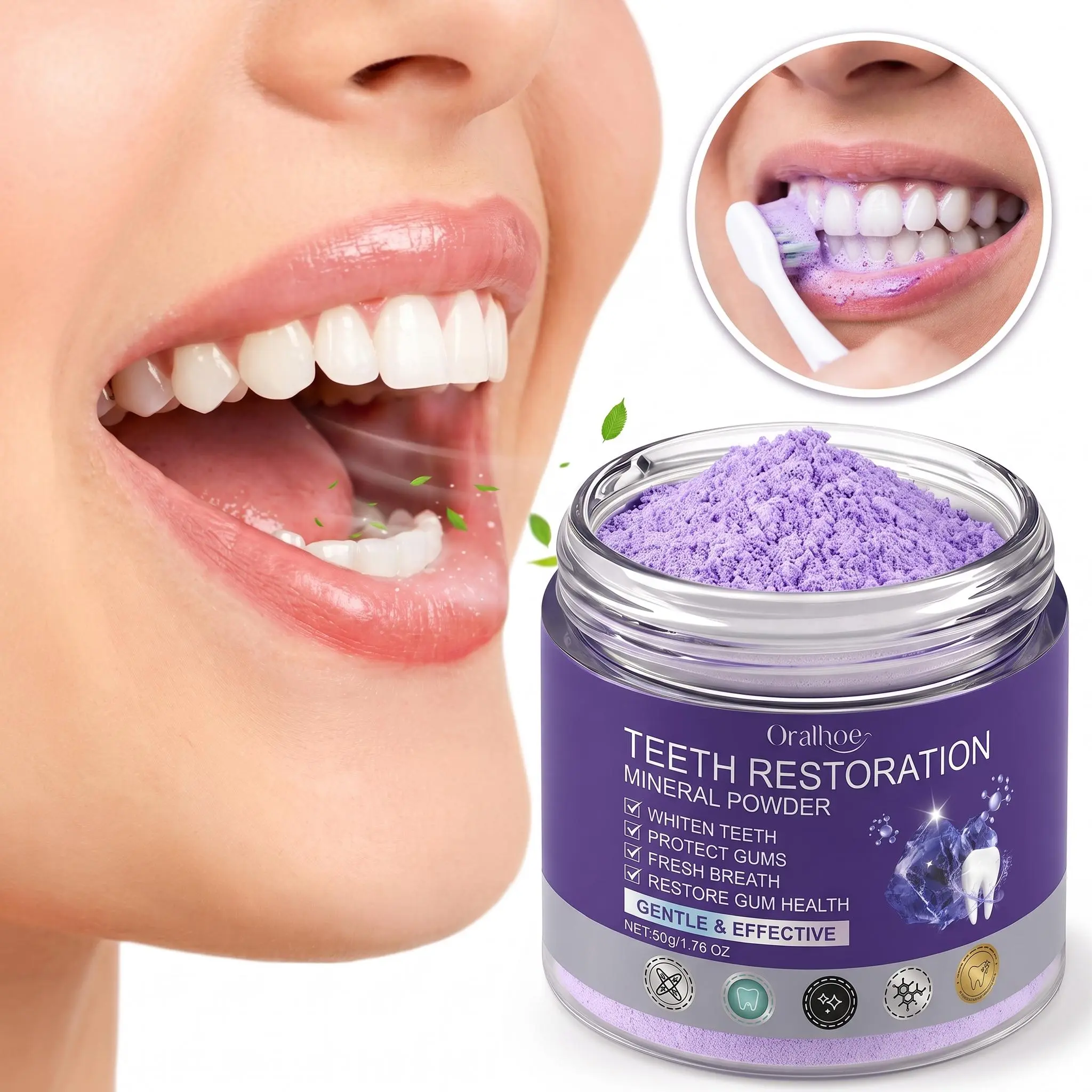 Purple Teeth Whitening Cleanser Powder - Violet Color-Correcting Gentle Oral Care Beauty Product for Radiant Brighter-Looking Smile, Fresh Breath Daily Routine