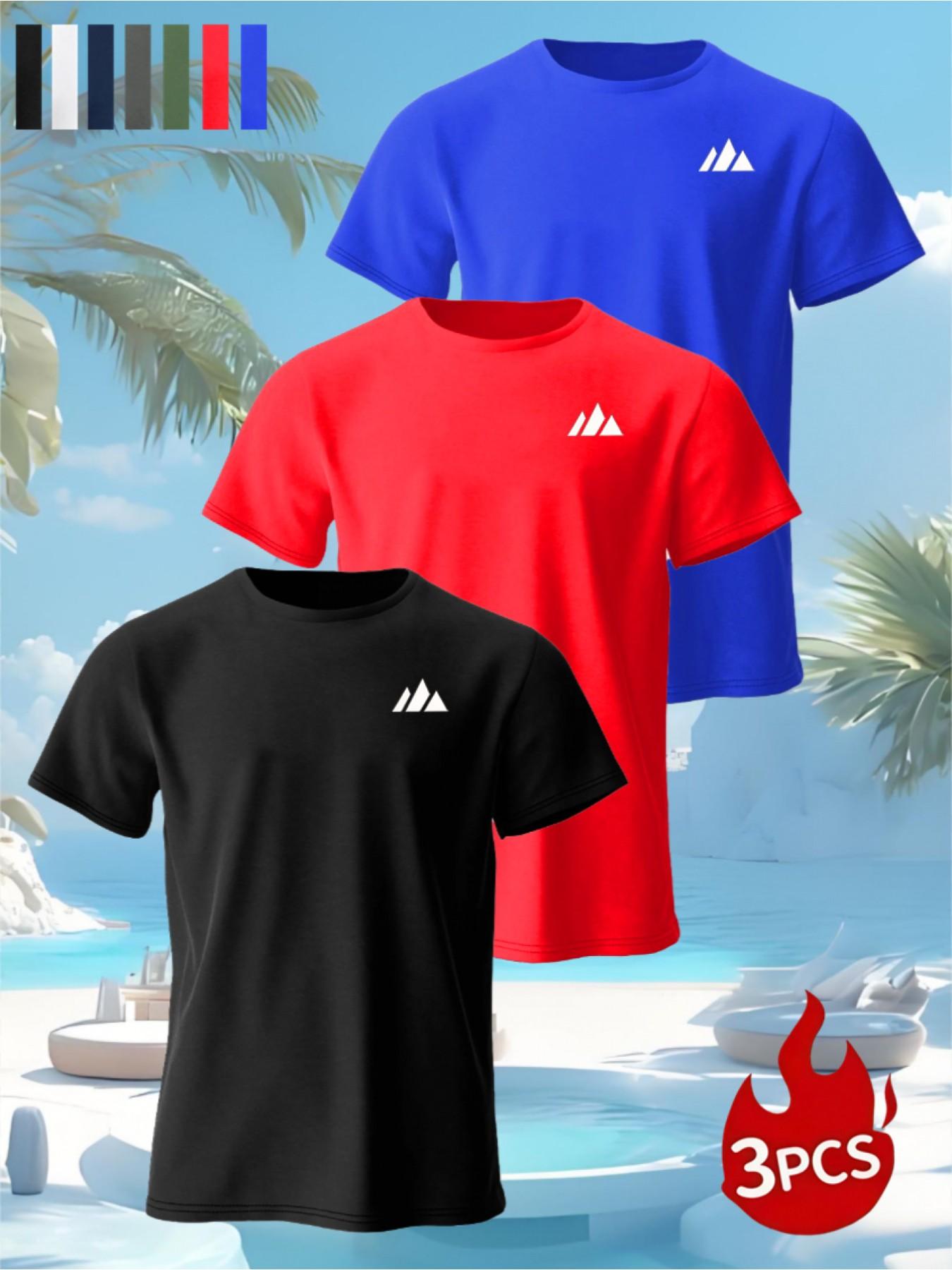 3-Pack Summer Sporty Mountain Print T-Shirts, Soft Breathable Polyester Crew Neck, Casual Comfort, Smooth Touch, Multiple Colors Available