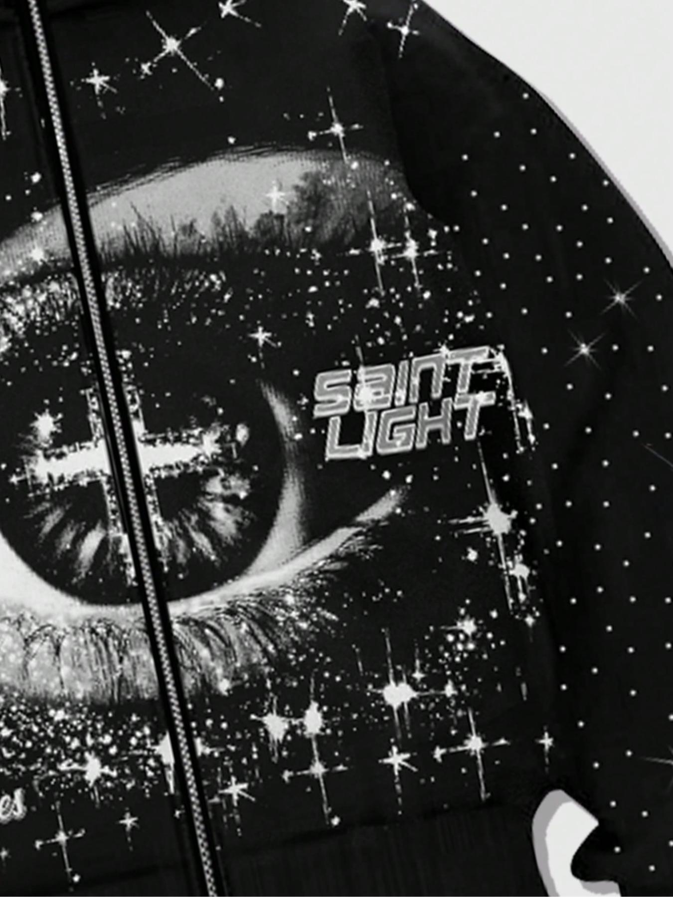 Eye pattern, two hats, zipper hoodie for men, sleeve hat with rhinestones, sparkling starry sky cardigan, hooded unisex hoodie, European and American street casual fashion trend jacket, autumn and winter velvet hoodie, party nightclub Instagram style