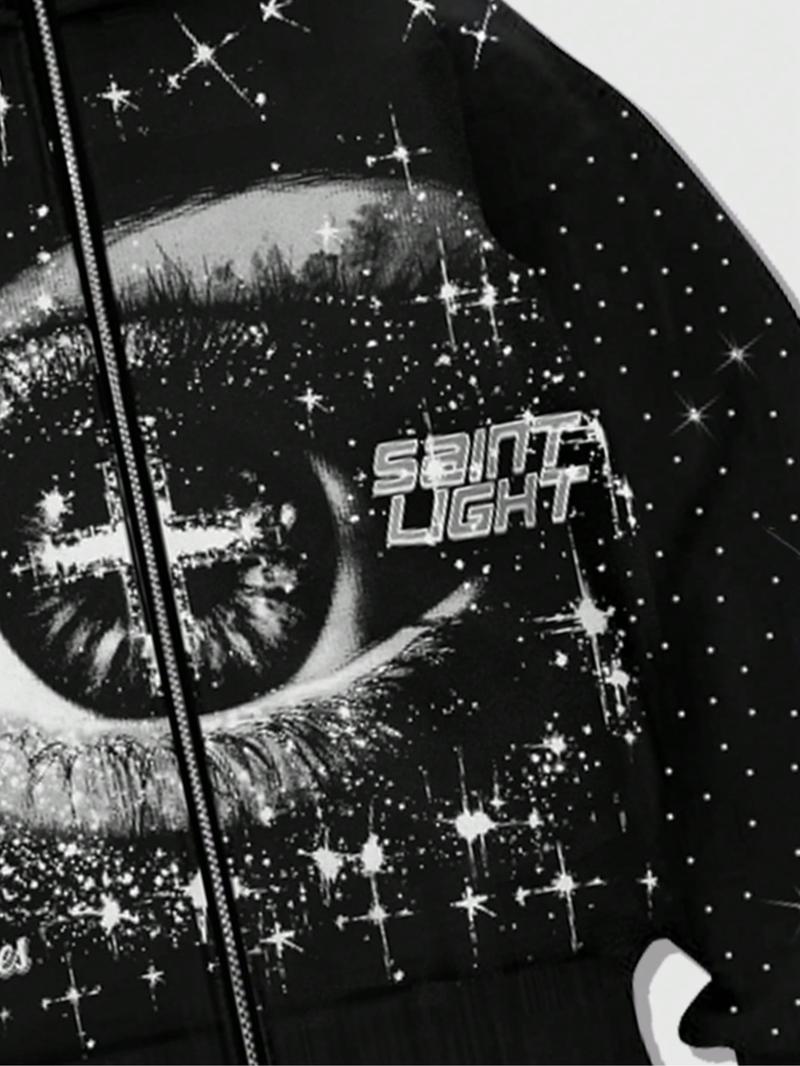 Men's Street Style Rhinestone Decor Hoodie With Two Hat, Windproof Jacket with Pockets and Zipper Design, Fall & Winter Wear Men's Street Style Rhinestone Decor Hoodie With Two Hat, Windproof Jacket with Pockets and Zipper Design, Fall & Winter Wear