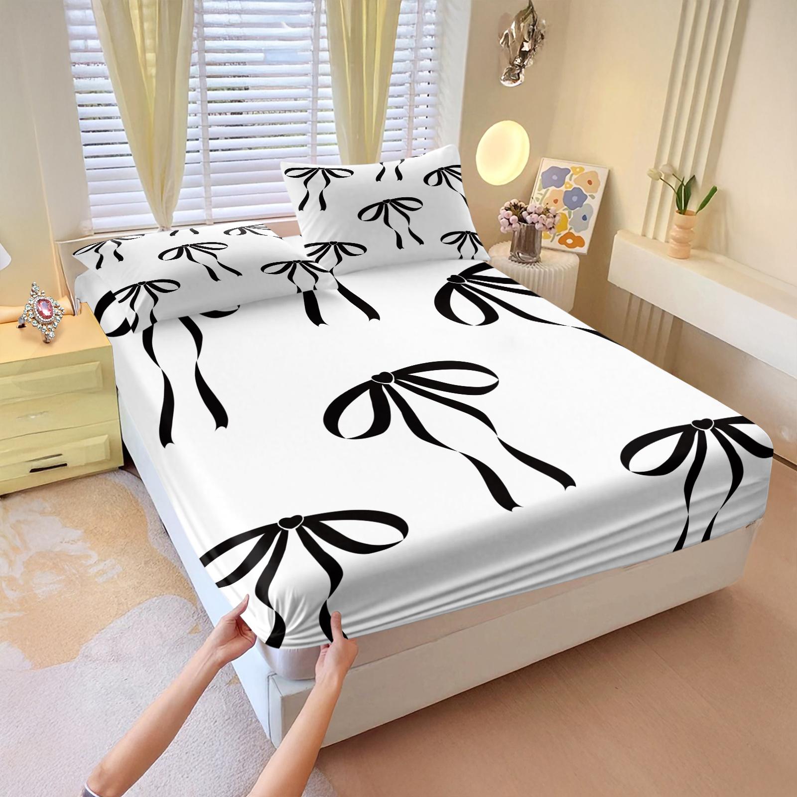 3PCS Cute Romantic Sweet Bow Fitted Sheet Set, Soft Cozy Aesthetic Bedding with Elastic All Around for Mattress, Housewarming Birthday Valentine's Day Christmas Gift for Her