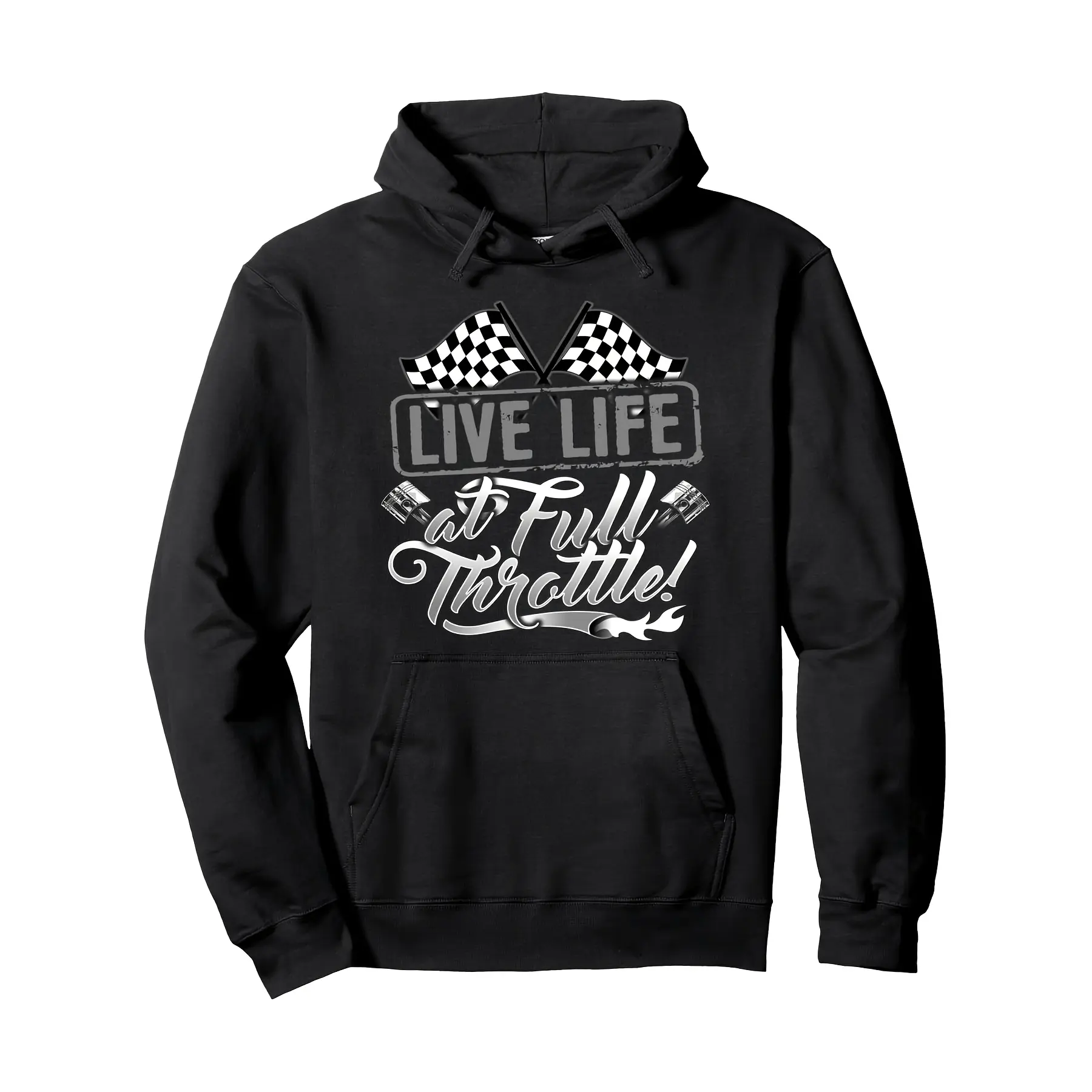 Racing Hoodie Drag Srip Checkered Flag Live Life Full Hrole Design Black Whie Pullover Wih Pocke Drag Car Graphics for Moorspor Enhusiass Cue Sweas Sreewear Fashion Fun Design Durable Consrucion Prined Hoodie Sree Syle