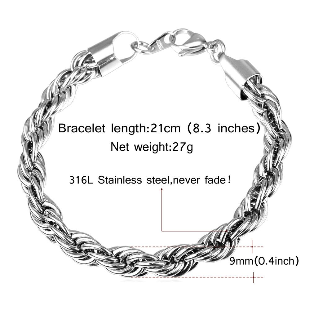 U7 Twisted Rope Chain Bracelet Cuban Chain Figaro Chain Daily Casual 3/6/9mm Bracelet for Men Women Stainless Steel Hypoallergenic Strong Link Braided Wrist Chain Bracelet