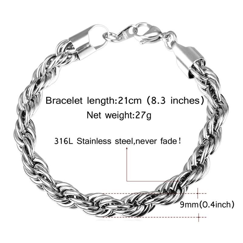U7 Twisted Rope Chain Bracelet Cuban Chain Figaro Chain Daily Casual 3/6/9mm Bracelet for Men Women Stainless Steel Hypoallergenic Strong Link Braided Wrist Chain Bracelet