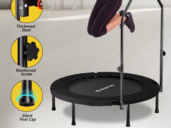 SkyBound 600 LBS Tested Foldable Mini Trampoline, 40'' Fitness Rebounder with Springs/Bungees, Adjustable U-Bar Handle, Stable Quiet Indoor/Outdoor Exercise Equipment
