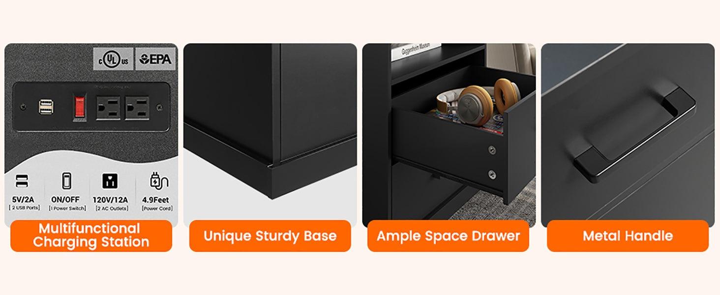 Sikaic Nightstand With Charging Station 2 Storage Drawer And Open Cubby Smart Nightstand Furniture Table