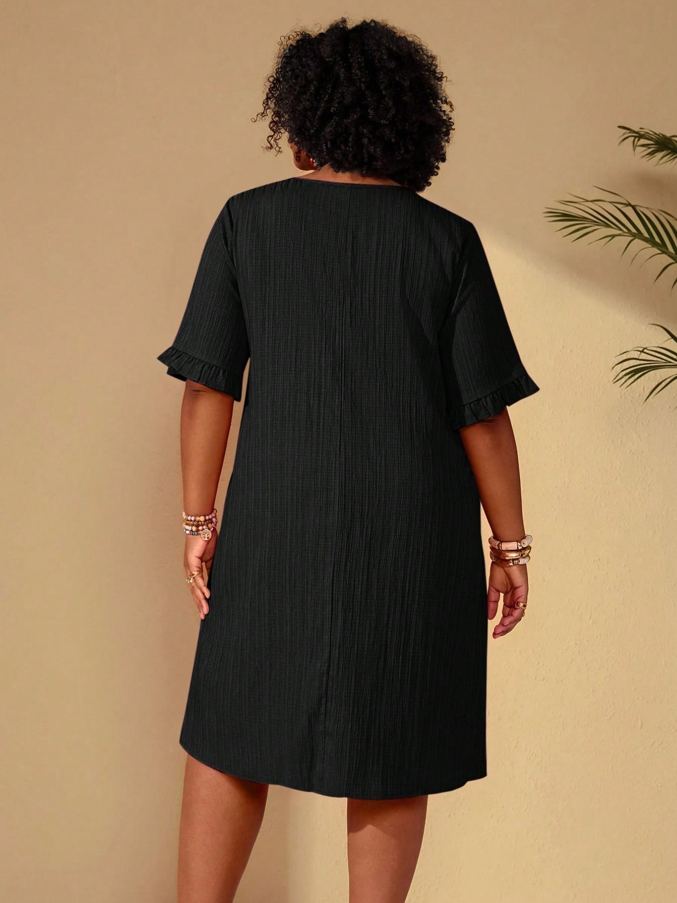 Plus Size Women's Round Neck Solid Everyday Dress, Textured Vertical Stripe Ruffled Sleeve Loose Feminine Casual Boho Elegant Skirt, Ideal for Daily Home and Outing Wear