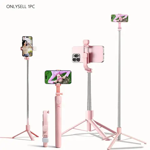 170cm/67inch Extendable Aluminum Tripod, Selfie Stick Clamp, Selfie Accessories, Compact, Fill Light & Bluetooth-compatible Remote, Compatible with iPhone/android, for Travel, Vlogging, Photography