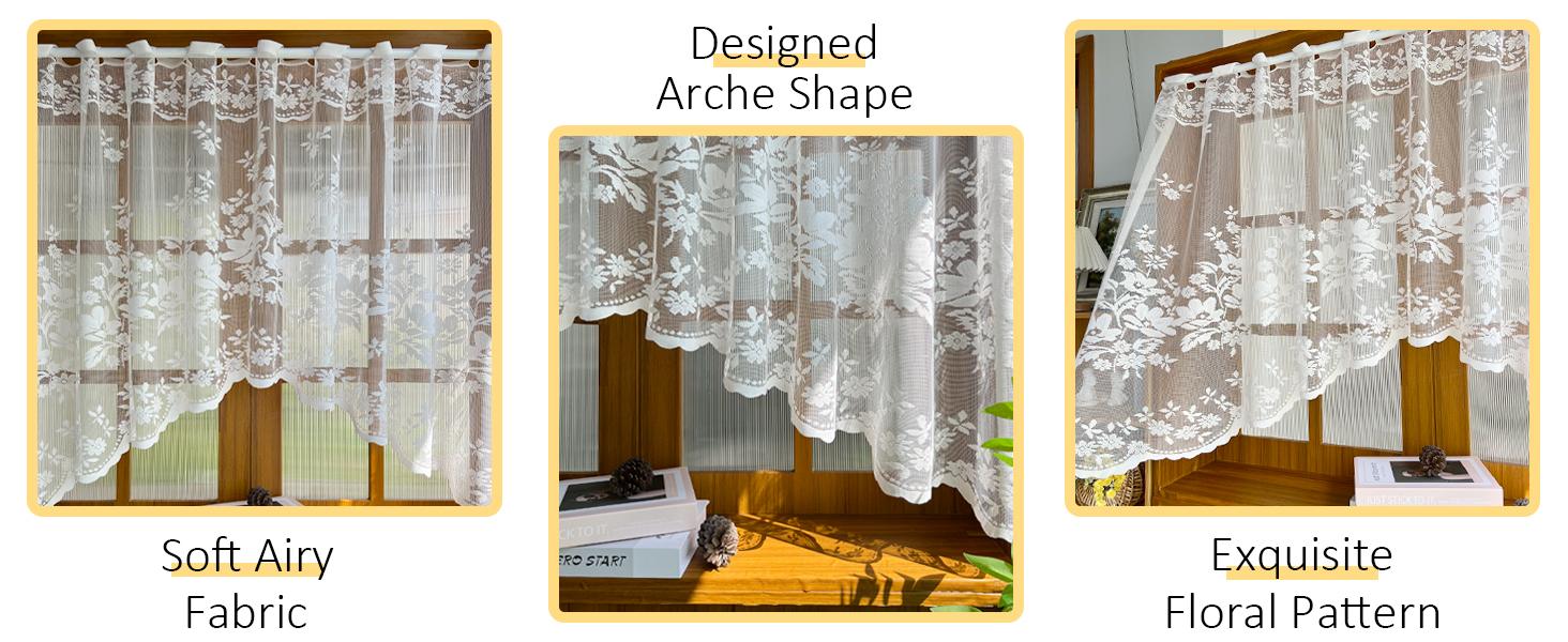 1pc Arched Sheer Curtain - White Lace Floral Print Embroidery Rod Pocket Top, for Doorways/Windows, 63in W x 39in L, One-Piece