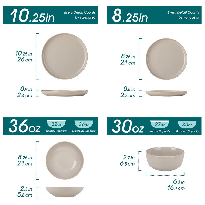 vancasso PLAYA Plates and Bowls Sets, 18/24 Pieces Grey Dinnerware Sets for Kitchen, Reactive Glaze Dishes Set for 6, Dishwasher and Microwave Safe