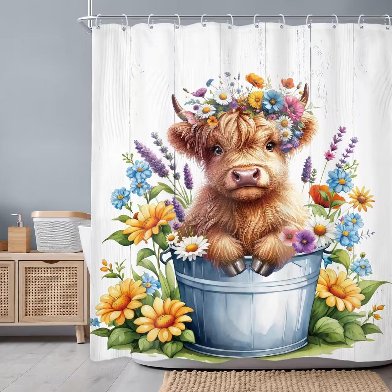 Cute Cow Pattern Bathroom Shower Curtain, 1 Count Waterproof Bathroom Curtain with 12pcs Hooks, Bathroom Decor Supplies, Bathroom Decoration Accessories