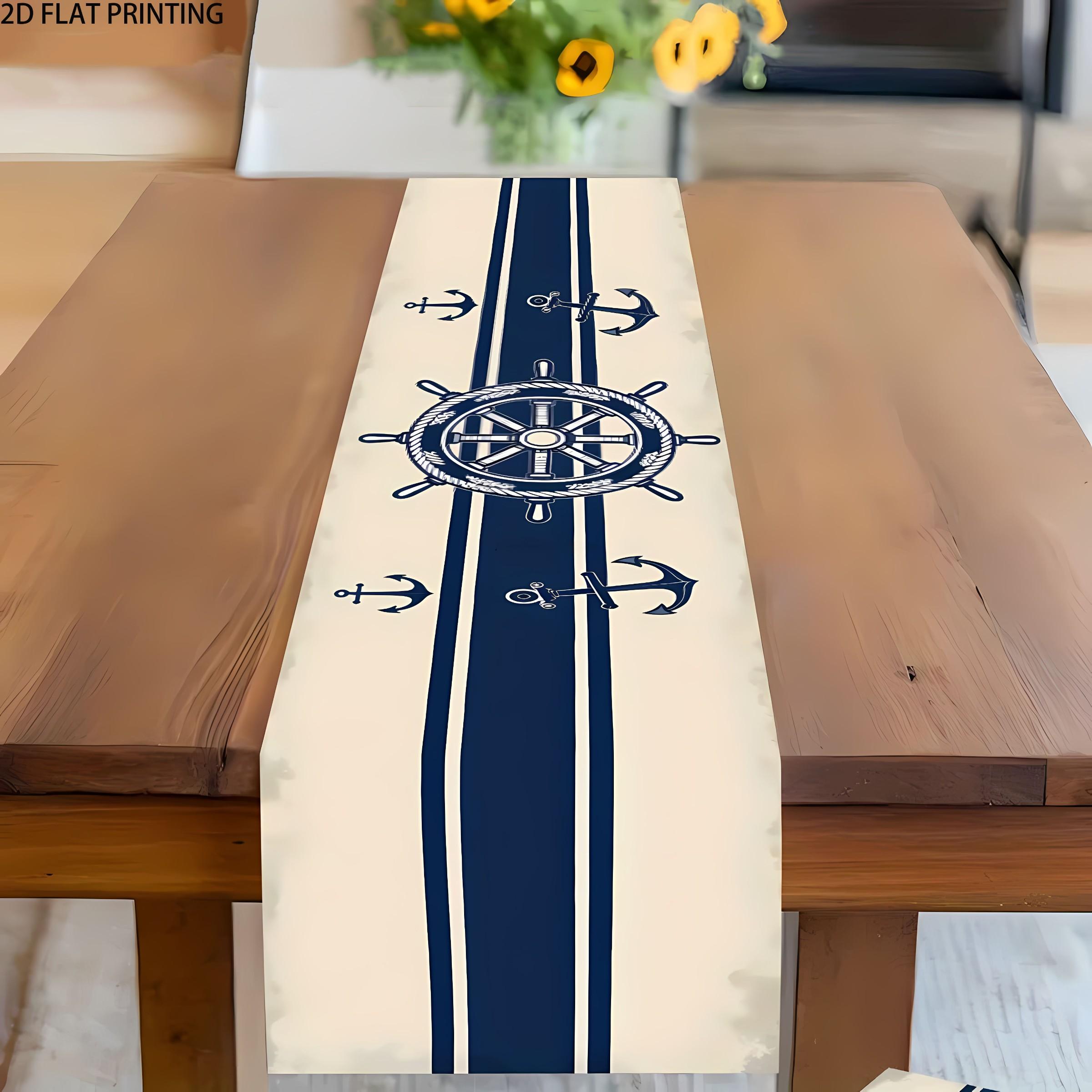 2D flat printing, 1 ship rudder anchor and sailor stripe rectangular table flag, suitable for dining tables, coffee tables, home party decorations, bright cultural decorations in kitchens, parties, and festivals